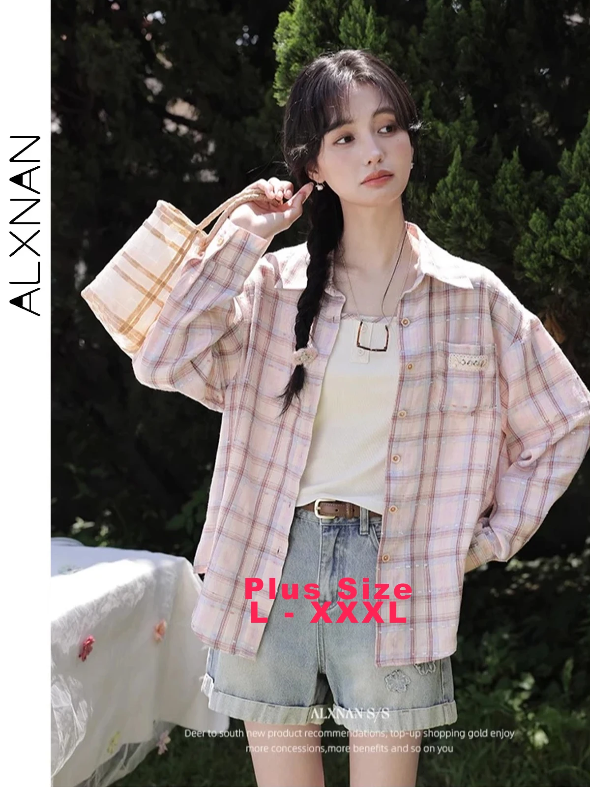 

ALXNAN Plus Size Pink Plaid Shirt Casual Elegant Loose-fit Long Sleeve Sun Protection Blouses 2025 Summer Plus Size Tops D11268