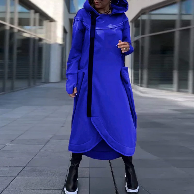 Y2K Clothes Women Winter Solid Color Hoodies Dress Autumn Long Sleeve Zipper Cardigan Dress Casual Pocket Irregular Long Dresses