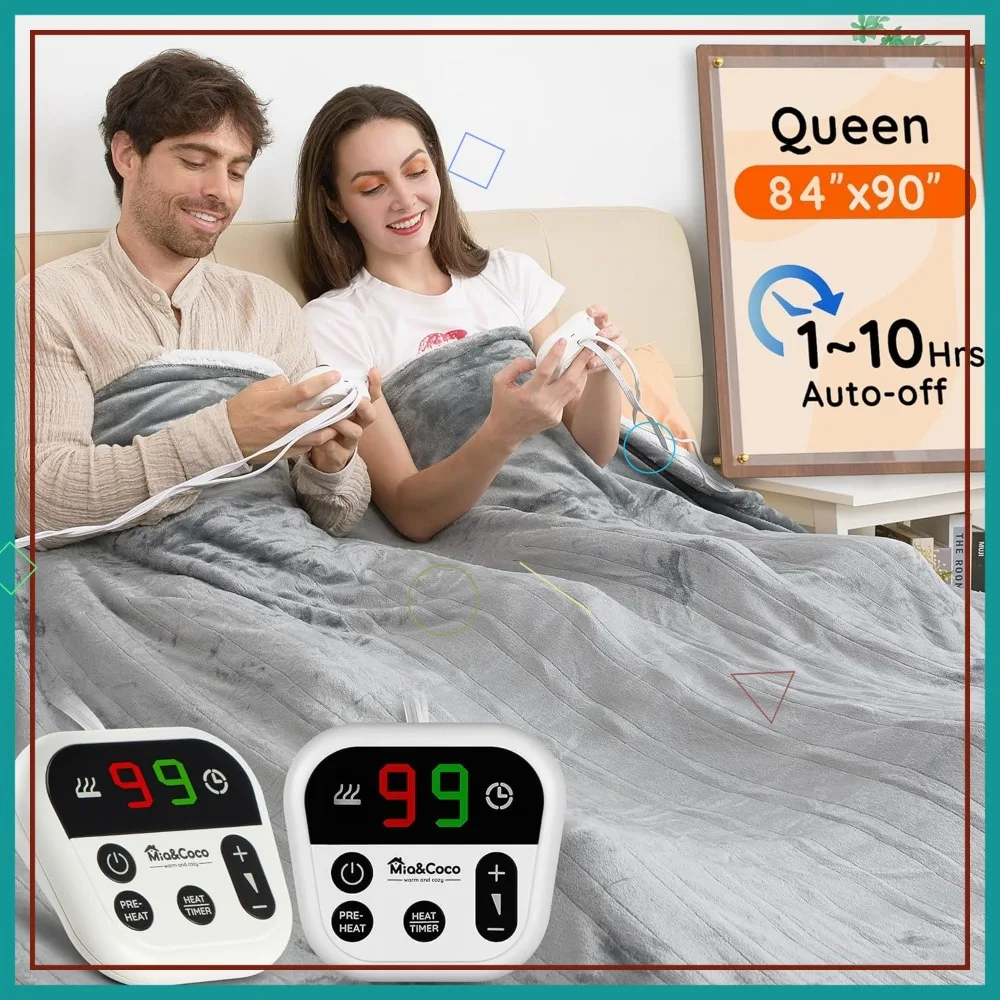 

Электрическое одеяло размера Queen, с двойным управлением, 10 уровней нагрева, автоматическое отключение, быстрый нагрев, защита от перегрева для дома и офиса