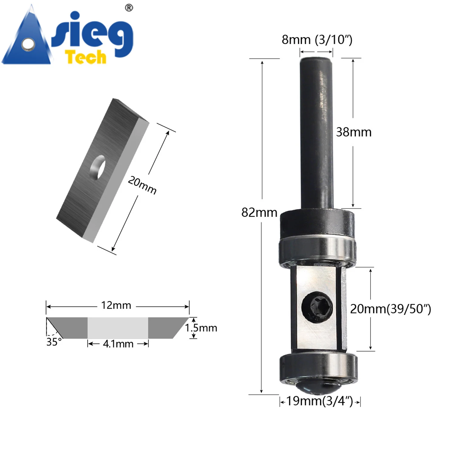 Flush Trim Router Bit 8mm Shank Top and Bottom Double Bearings Trimmer 20mm Cut Length with Repaceable Insert Cutter