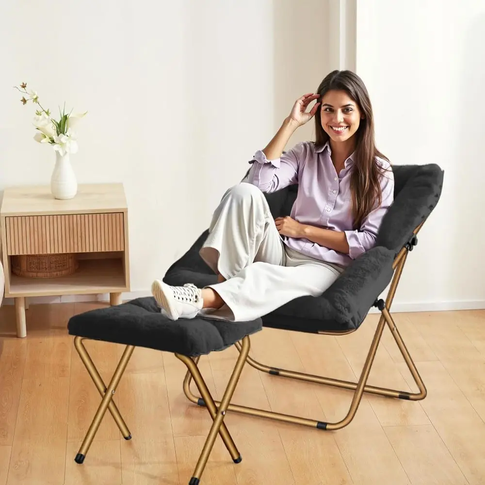 كرسي صالة قابل للطي من الفرو الصناعي الأسود مقاس X-Large لغرفة المعيشة وغرف النوم والقراءة