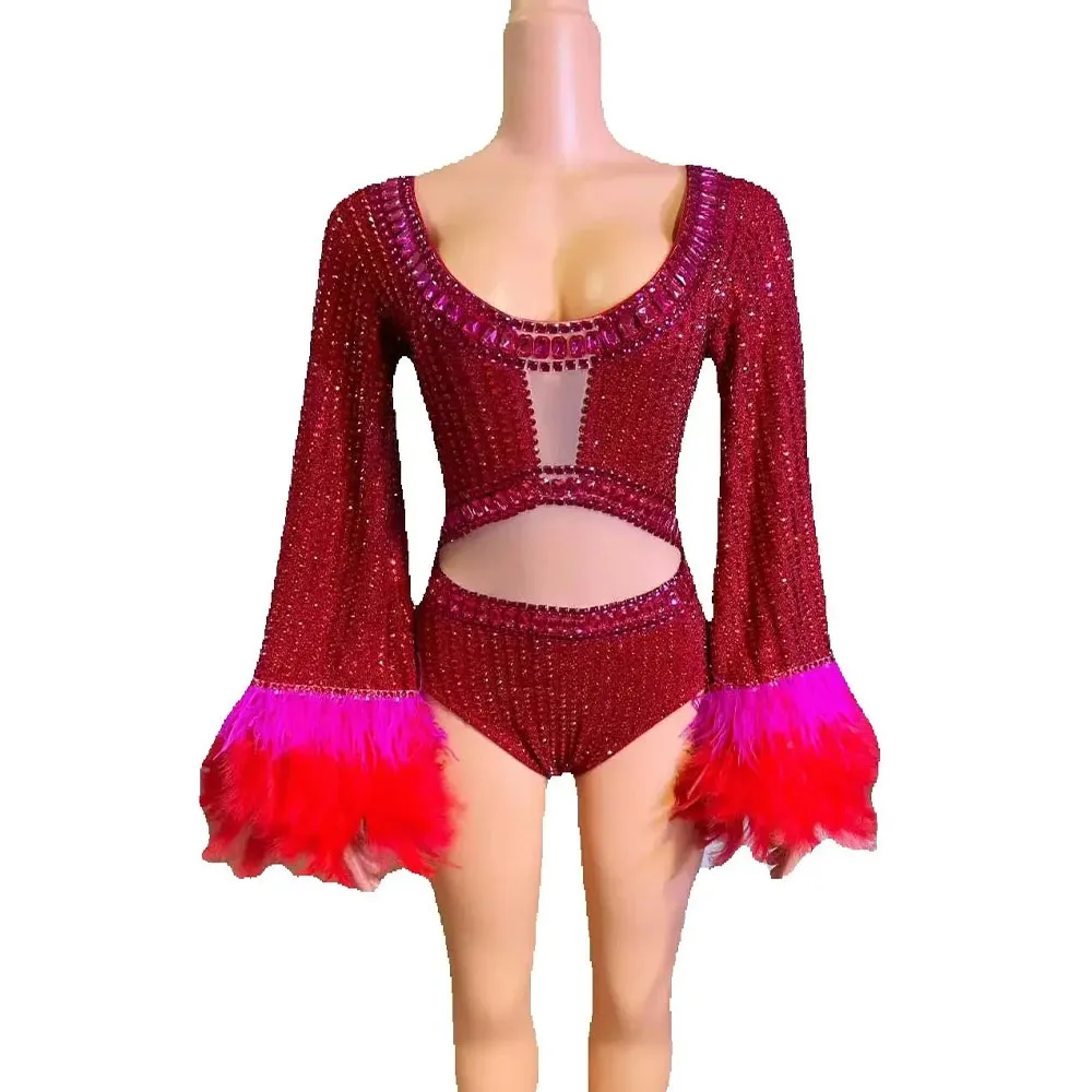 

Women Luxury Full Rhinenstones Feather Mesh Long Sleeve Bodysuit Sexy Nightclub Singer Dancer Leotard Stage Performance Costume