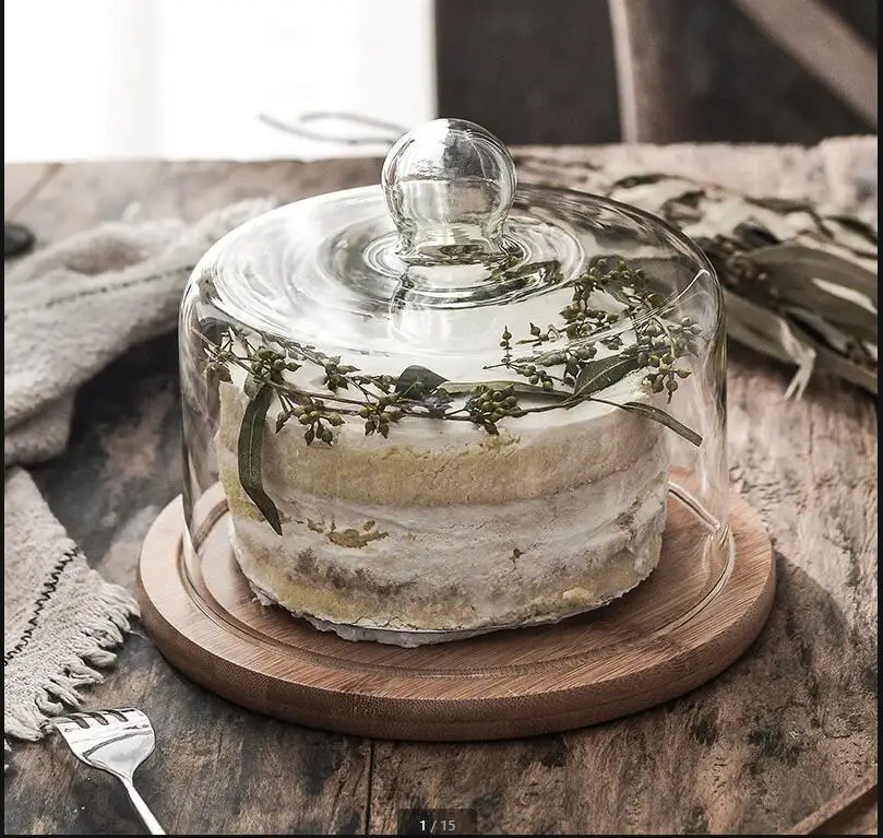 

Glass cover Transparent Afternoon tea Cake pan Wooden Dessert tray display Wedding party decoration