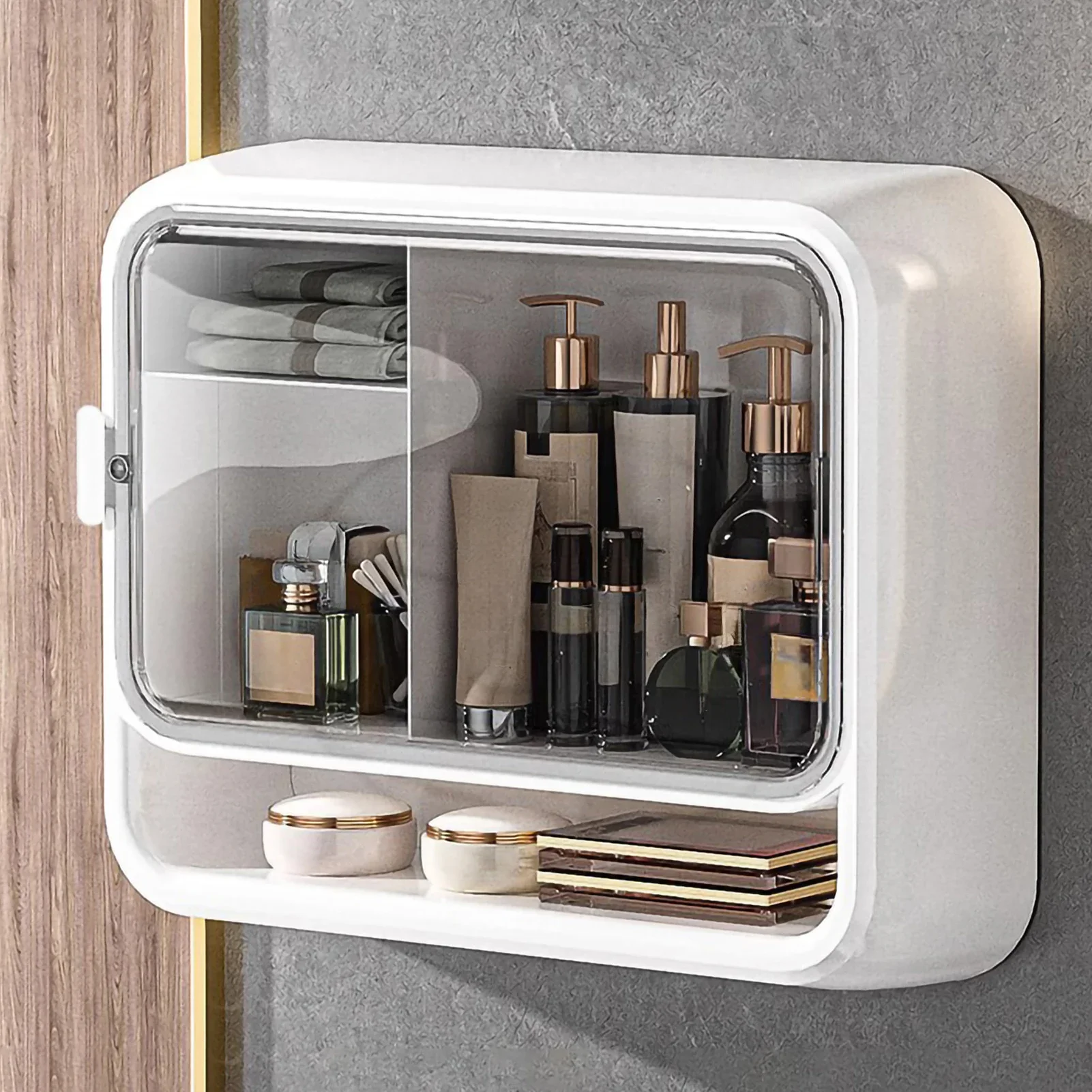 

1Pc Wall-Mounted Cosmetic Storage Box Free Punching Dust-Proof Bathroom Rack Large-Capacity Makeup Organizer Skincare Containers