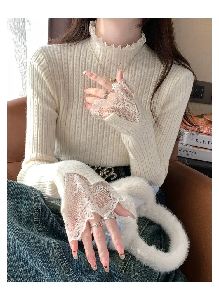 ربيع الخريف وهمية الرقبة نحيل مطاطا محبوك قميص المرأة البلوز سترة القمم الإناث طويلة الأكمام متماسكة Patctwork الدانتيل القمصان #4