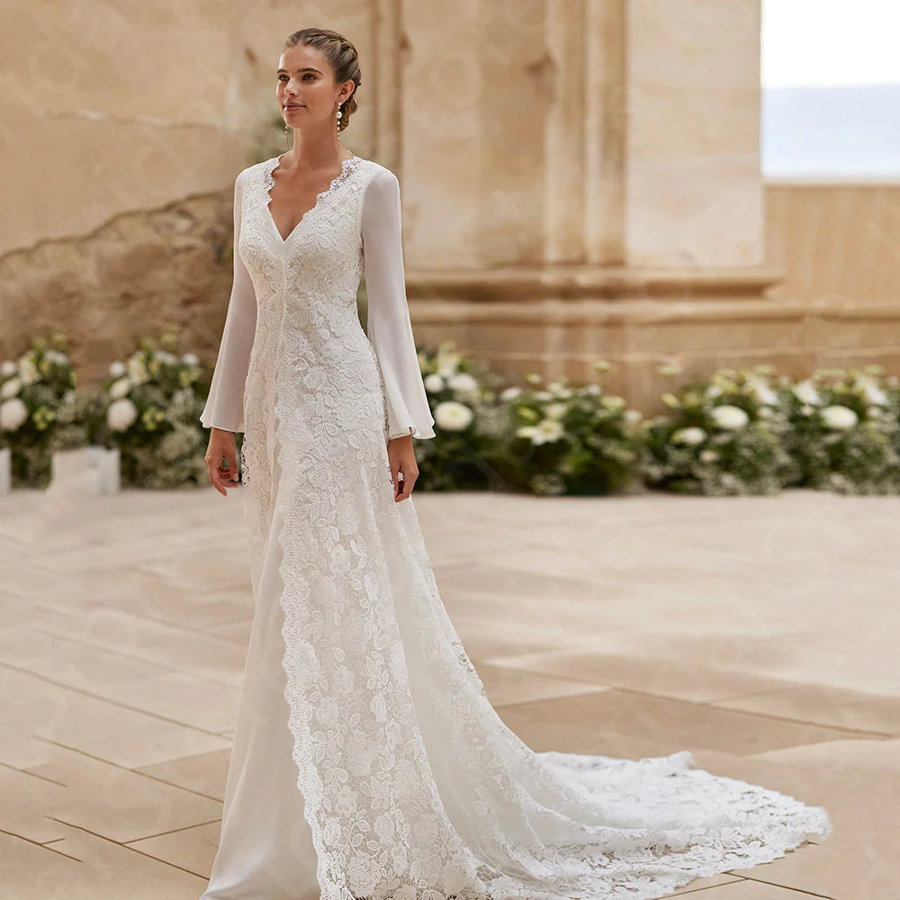 

Customized Gorgeous Two Pieces Wedding Dresses with Lace Jacket Bridal Gowns Long Sleeves Bride Dresses V Neck Wedding Gowns New
