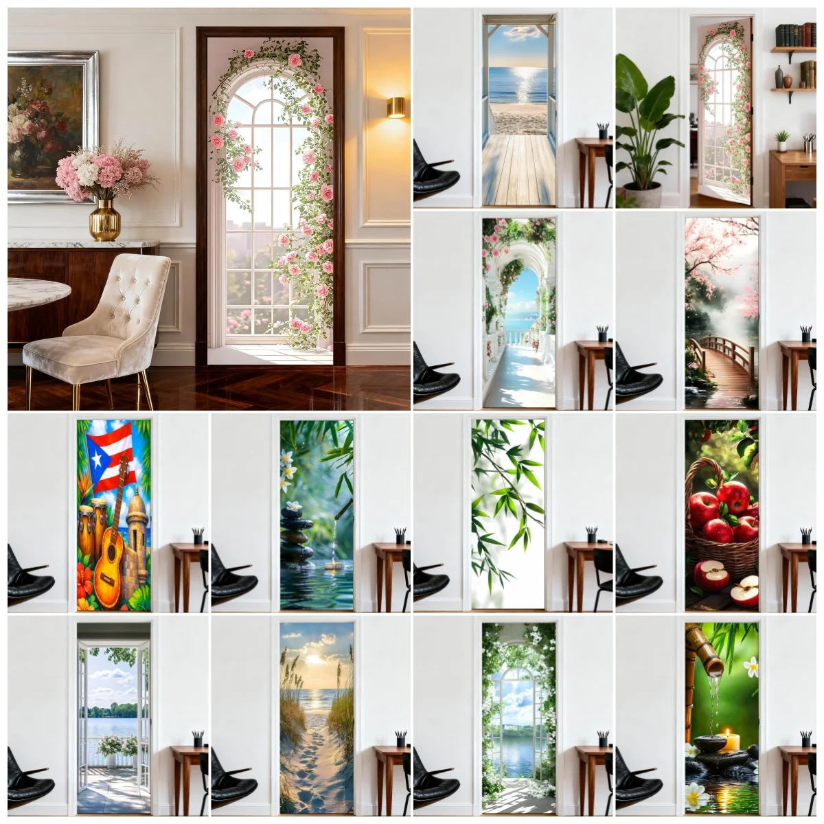 3D Arch Window Pink Rose Vine Door Sticker Self Adhesive Removable Waterproof Vinyl Wallpaper Home
