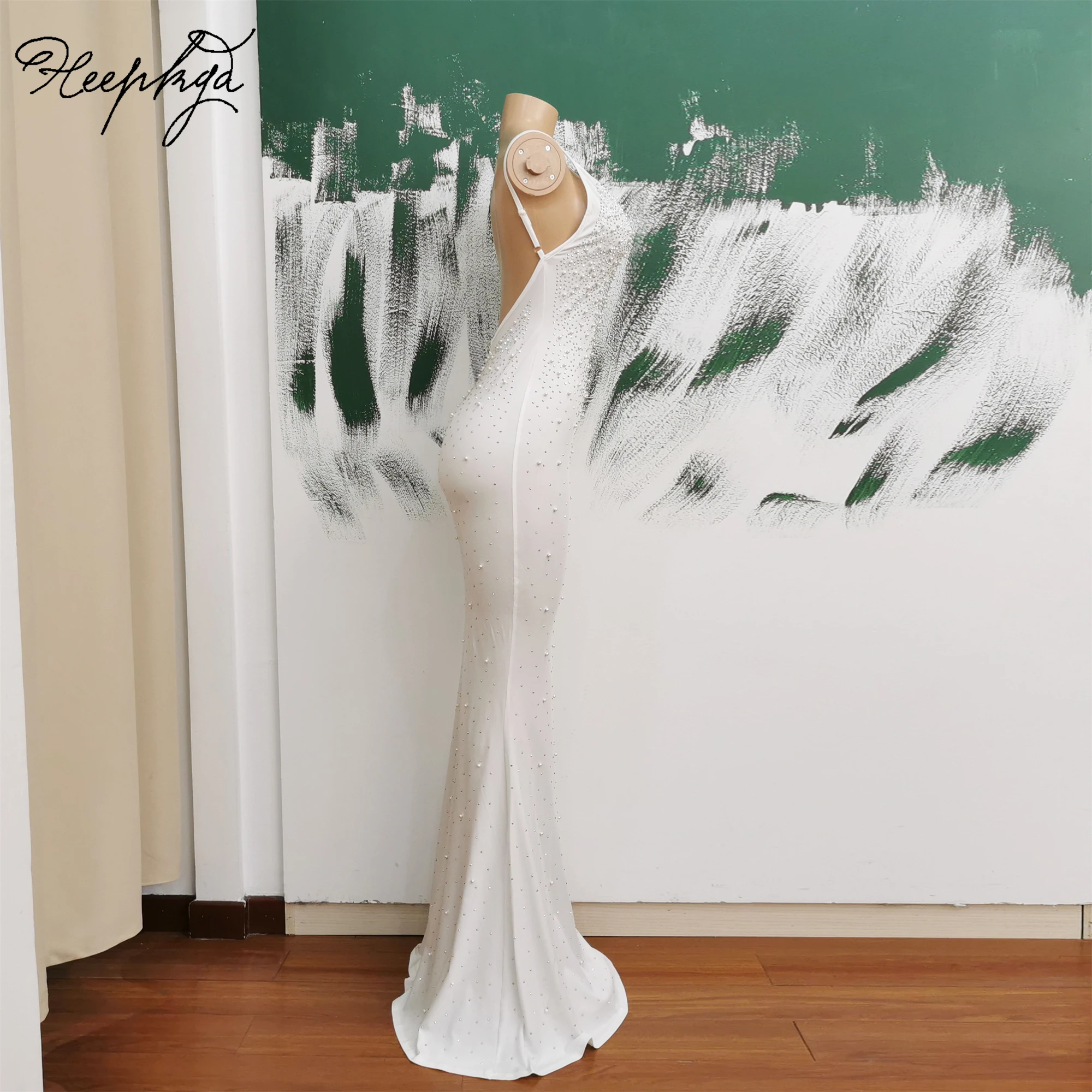 Vestido De noche blanco De sirena con Espalda descubierta, elegante vestido De noche De perlas De Spandex, trampas finas, vestidos largos De fiesta De boda, 2024