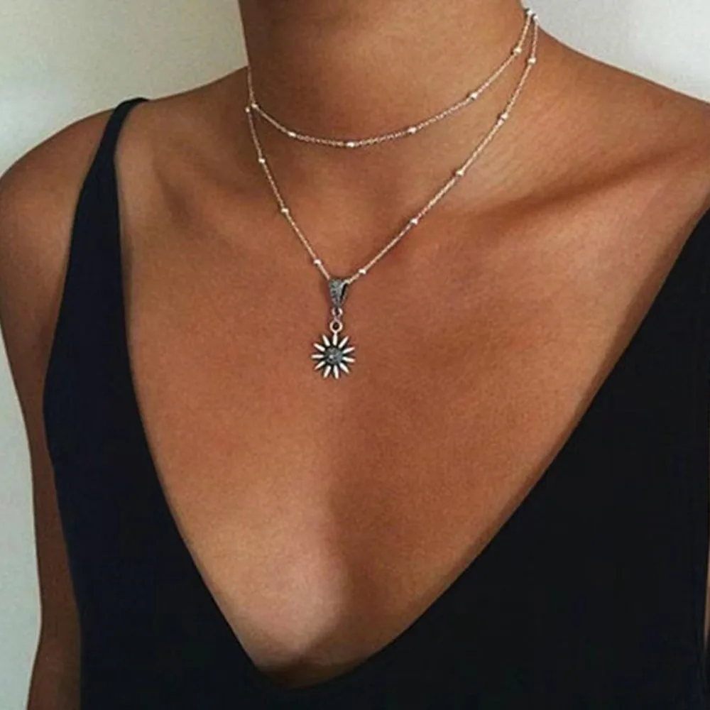 Romantic Exquisite Silver Color Spaced Ball Two Layer Stackable Daisy Sunflower Necklace for Women Valentine's Day Gift Jewelry