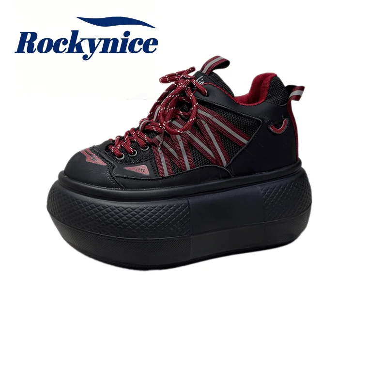 Zapatos de Tacón de Cuña de 10 CM de Cuero de Microfibra, Novedad de Otoño, Zapatillas Gruesas con Cordones para Mujer, Plataforma Alta, Zapatos Casuales Vulcanizados, Tipo Salón