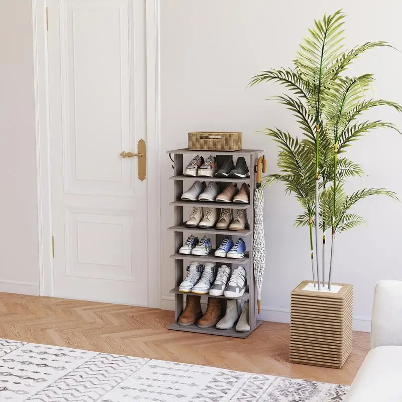 Organizador de armazenamento de sapatos de 7 camadas com ganchos, torre de sapatos vertical para 12-14 pares, organizador de entrada que economiza espaço em cinza rústico,