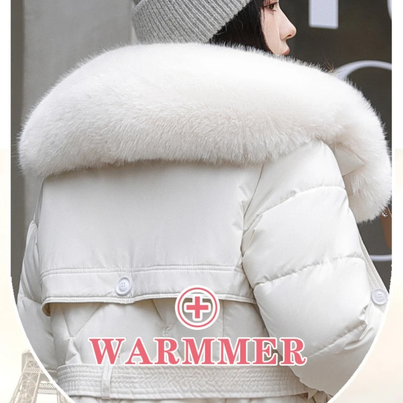 

2025 Новая мода, длинные теплые толстые парки выше колена с талией, белый меховой воротник, пуховые хлопковые парки, стеганое пальто, женское зимнее пальто