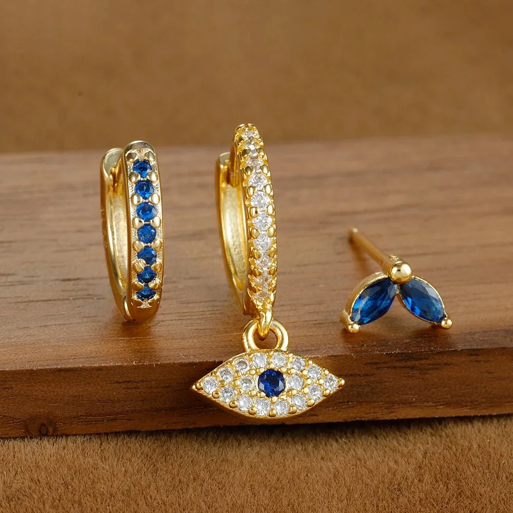 3pcs Blue Zircon Evil Eye Hoop Earrings Set For Women Stainless Steel 18K Gold Plated Cartilage Piercing Earring Fashion Jewelry