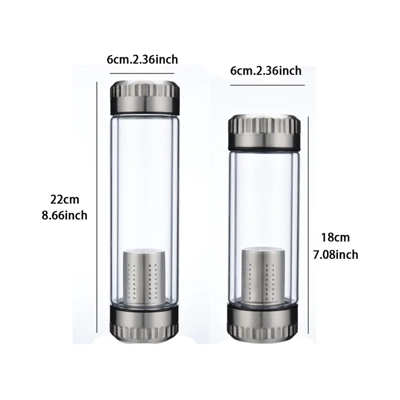 300/400/600ML Glass Water Bottle Stainless Steel Tea Infuser Filter Double Wall Lid Thick Bottom Drinking Office Home Cup Gift