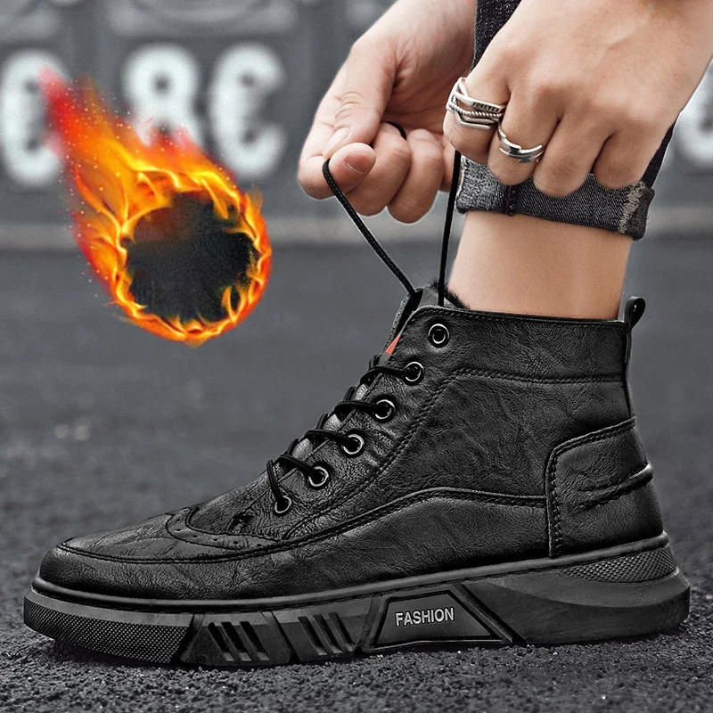 New british velvet warm high top men's cotton boots business casual men's leather shoes Comfortable Keep Warm Men Ankle Shoes