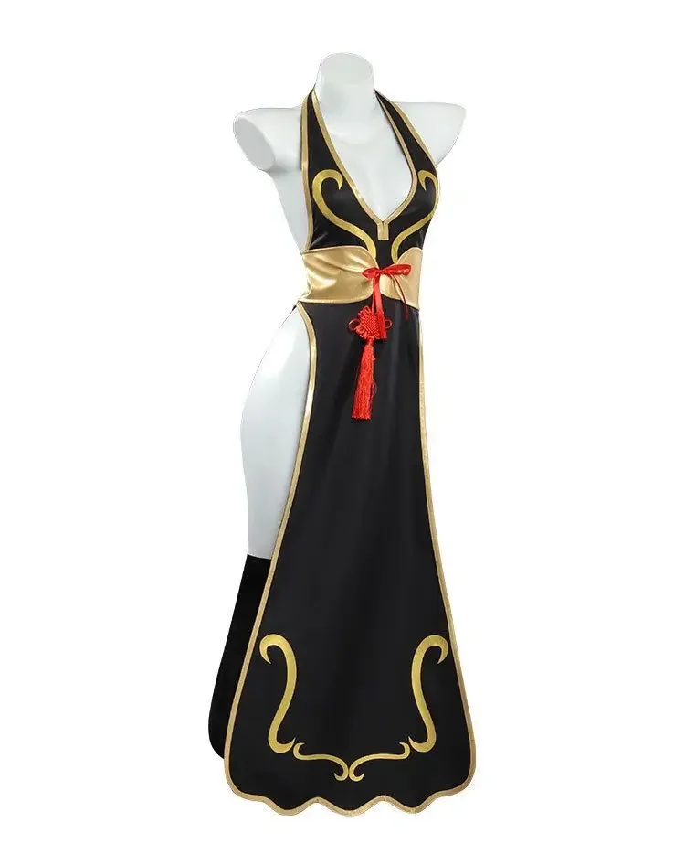 Chun Li Game Street Cosplay Costume pour femme, robe de combat noire, style chinois, Cheongsam, perruque pour adulte, bleu,