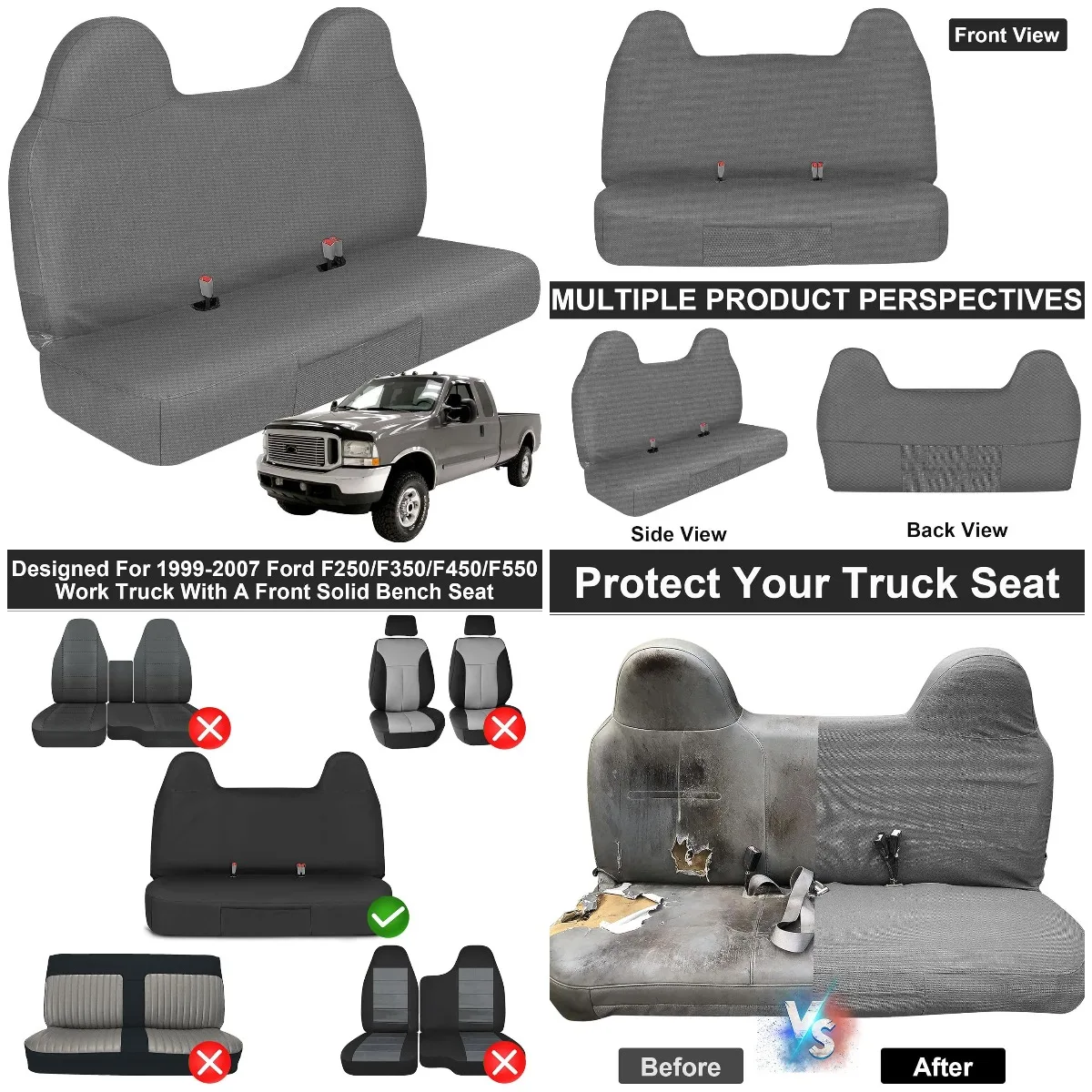 

Front Bench Seat Cover for 1999-2007 Ford F250-F550, 600D Oxford Cloth, Waterproof, Non-Slip, Custom Fit