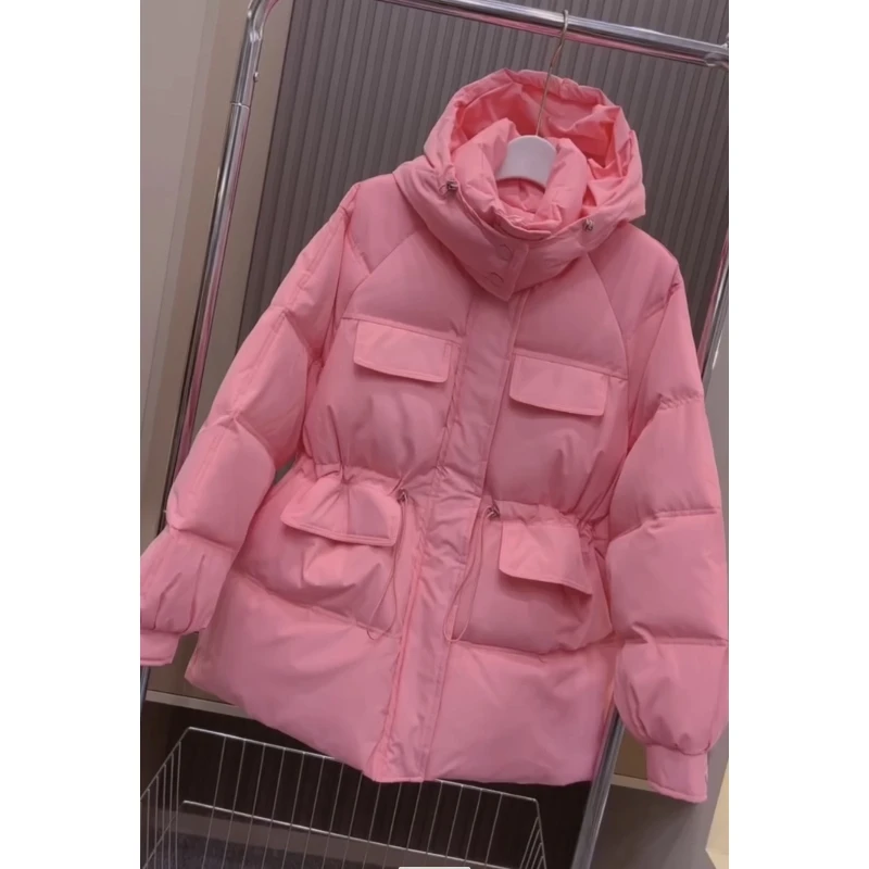 

2025 зимняя новая однотонная повседневная универсальная хлопковая куртка женская с капюшоном и талией плотная свободная модная хлопковая куртка