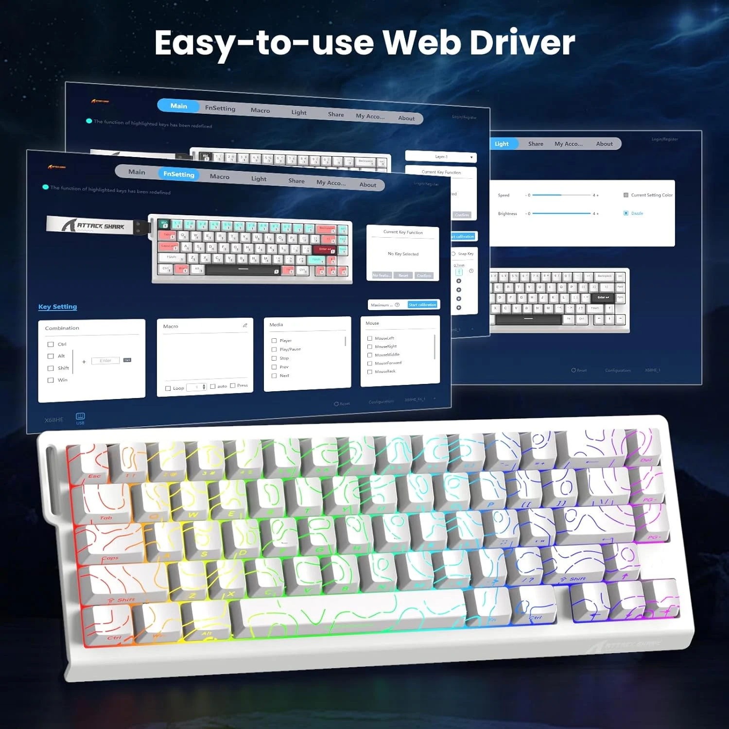 ATTACK SHARK X68 HE لوحة مفاتيح الزناد السريع مفتاح مغناطيسي 60% سلكي 8 كيلو هرتز لوحة مفاتيح قابلة للتبديل السريع مع إضاءة RGB PBT Double-sh #5