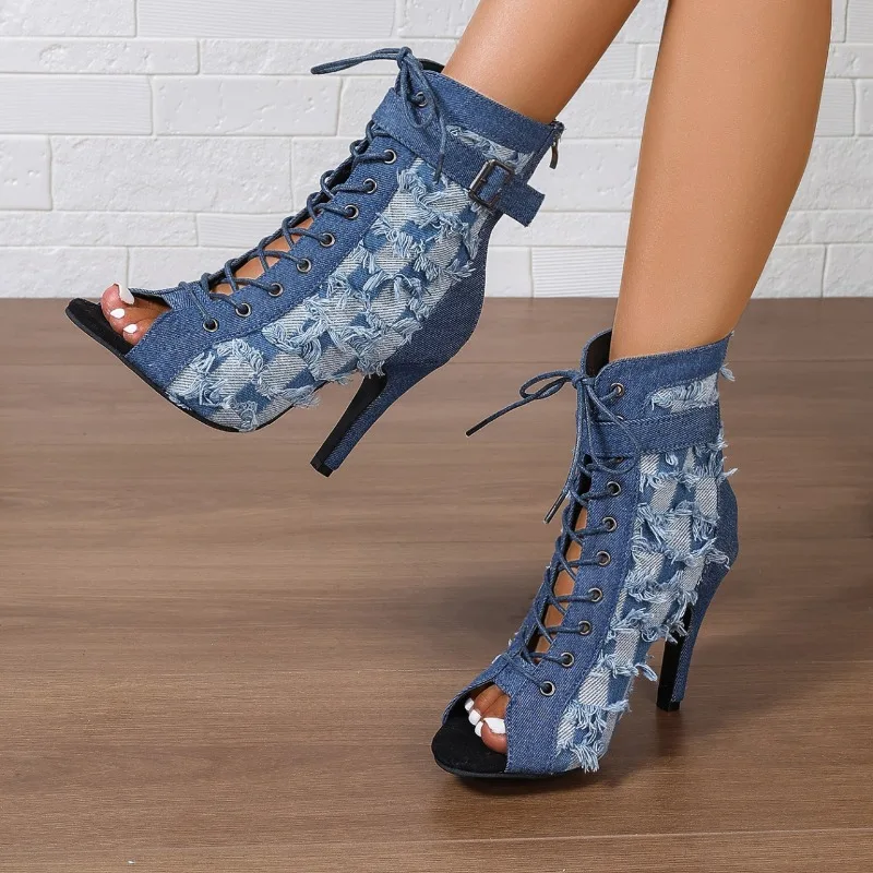 Casual women's boots new fish mouth slim heel high-heeled cool boots washed denim plaid oversized back zipper women's sandals