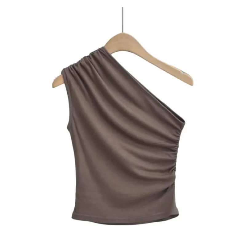 Top Corto Asimétrico Sexy y Moderno con Diseño de Pliegues Laters, Estilo Informal para el Trabajo, Color Sólido, Estilo V...