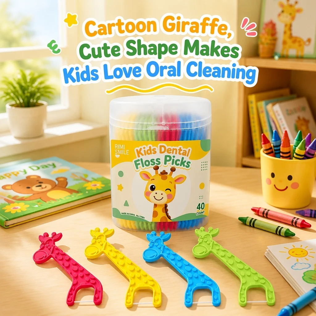 Kids Interdental Dental Floss Picks Cute Giraffe Cartoon Shape, 40 Count Jar Pack Disposable Floss Sticks for Home & Travel Use