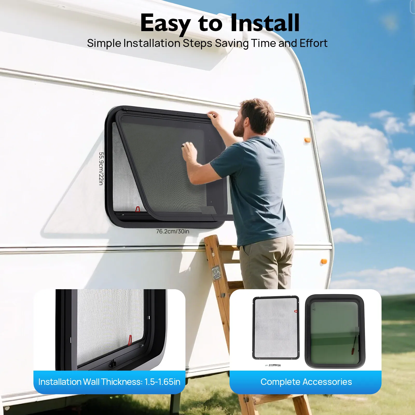 

30"x22" RV Push Out Window with Screen for Trailers Trucks Vans 38-42mm Wall Thickness
