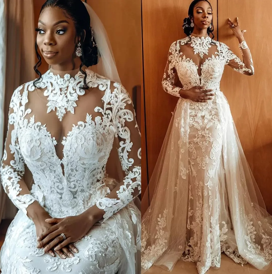 

Elegant Mermaid Wedding Dress V Neck Lace Appliques Halter Long Sleeves Detachable Train Bridal Gowns Robe De Mariée Plus Size