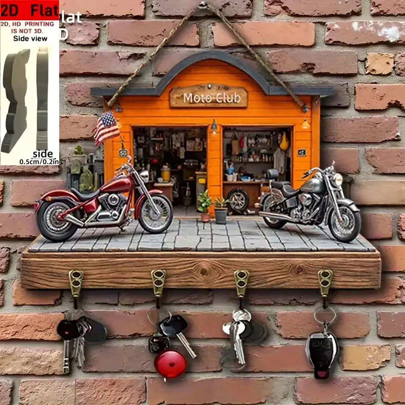 2D Flat Moto Club Key Holder with Two Classic Motorcycles Print, Four Hooks, Retro Biker Style Kitchen Wall Decor.