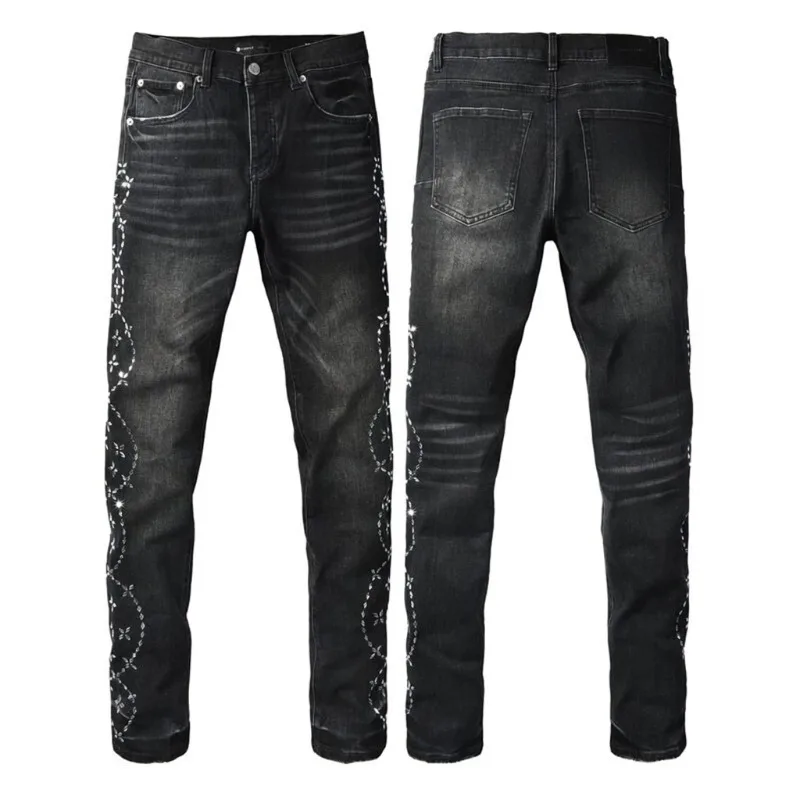 New Y2K Shining Diamond Men Jeans Fashion Trends Distressed Damaged Holes Stretch Skinny Button Fly Ripped Jeans Pants