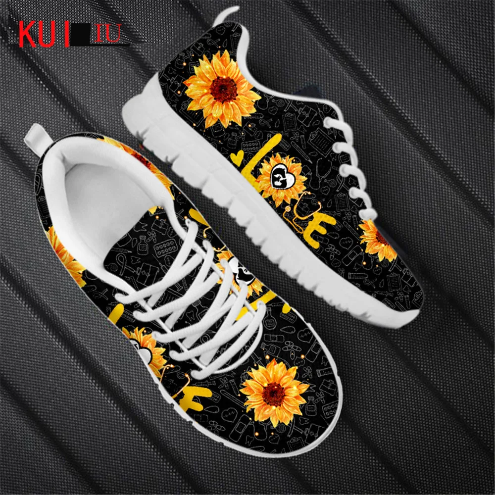 KUILIU Sunflowers Love Print Women Flat Sneakers Breathable Shoes Premium Sketch Designer Outdoor Air Mesh Footwear Couple Gift