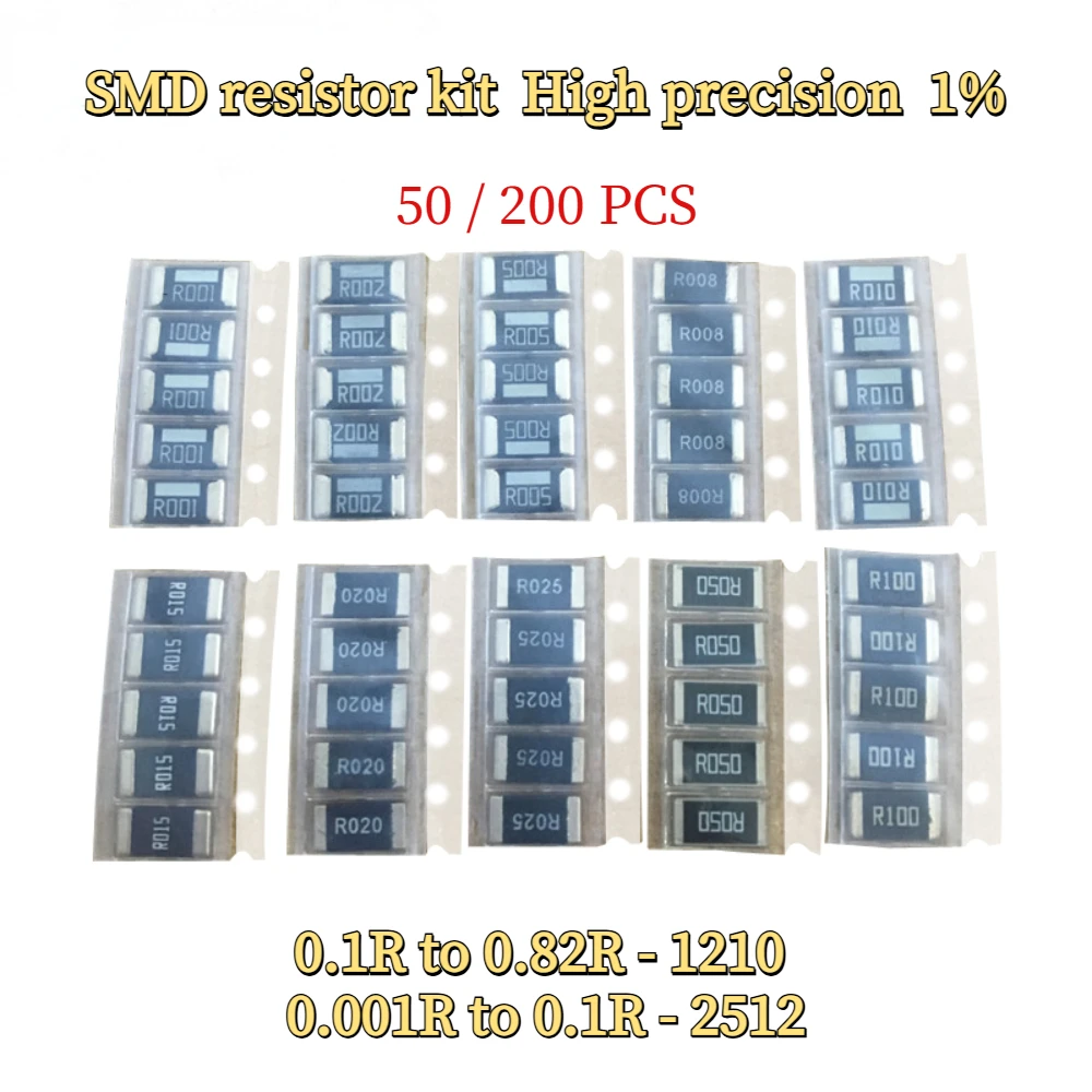 50/200PCS SMD resistor kit 1% High precision 1210/2512 Resistor Kit  0.001R~0.1R/0.1R~0.82R Alloy Resistance New Chip Resistance