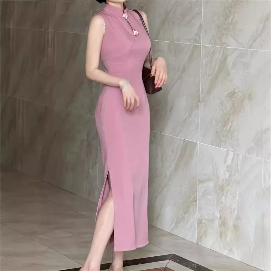 7820 Abito lungo dimagrante in vita con spacco scavato floreale con colletto cheongsam in tinta unita nuovo stile cinese primaverile