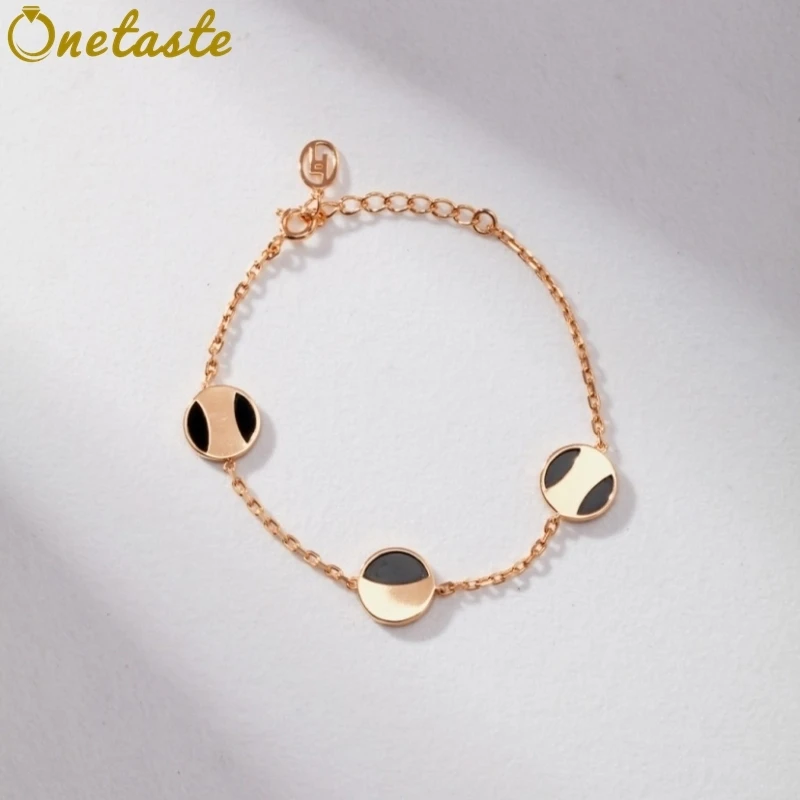 Onyx 925 Sterling Silver Big Round Disc Station Bracelets Women Black Agate Geometric Trendy Simple Link Chain Bracelet Gift
