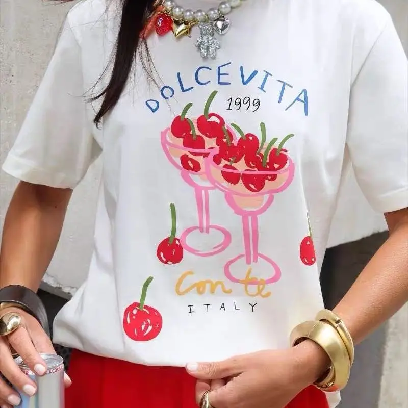Sweet Cute Cherry Cocktail Print Cotton T-Shirt Retro 90s Italian Summer Fruit Graphic Crew Neck Tee | Y2K Aesthetic Casual Top