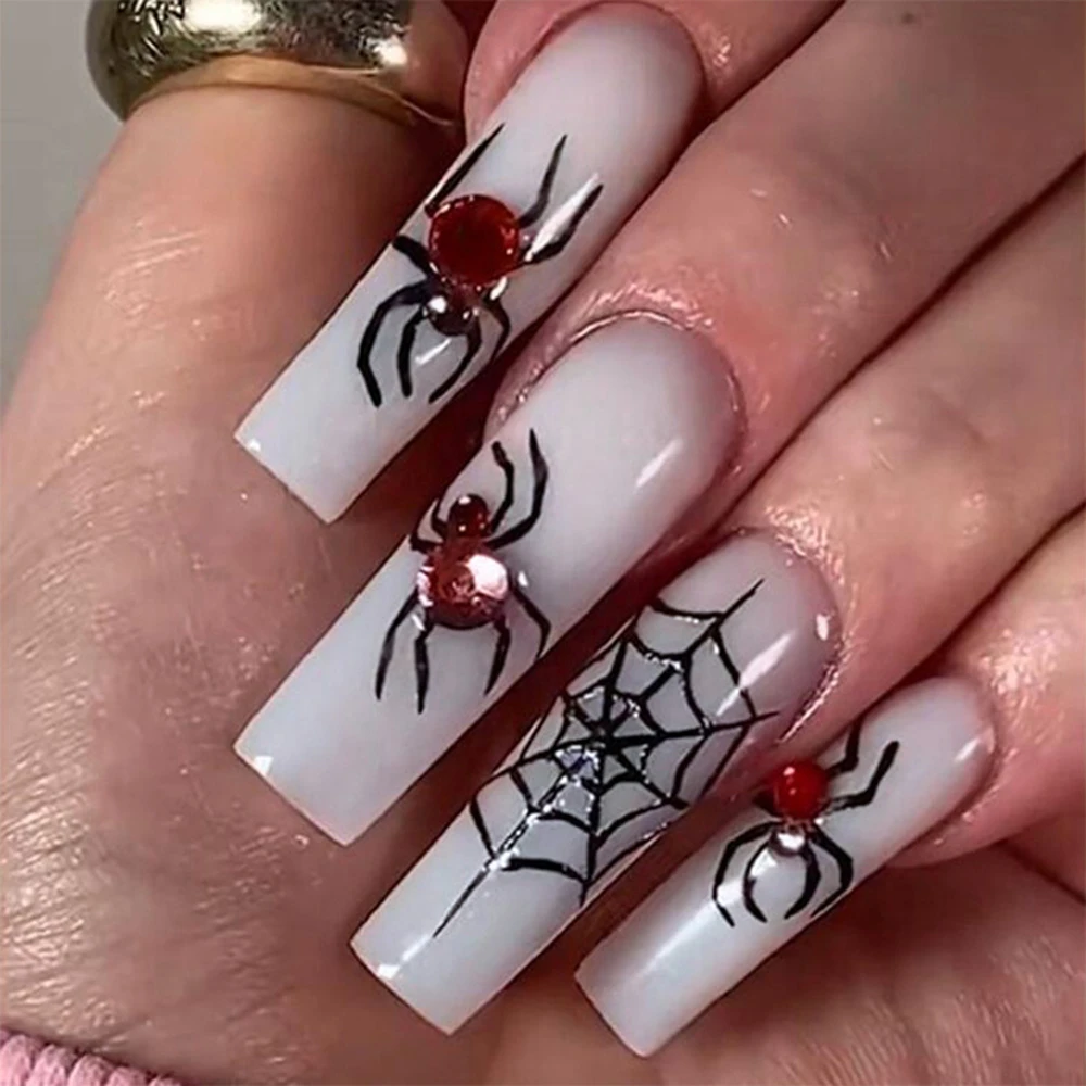 

Halloween Acrylic Fake Nail With Glue Sticker Spider Web Patterns Pess On False Nails Tips For Party DIY Manicure Accessory