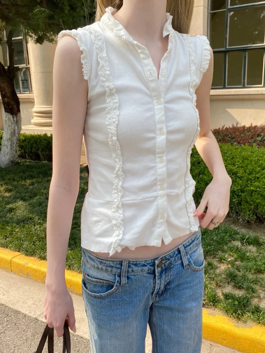 New White Ruffles Slim T-shirt Women Summer Ruffled Collar Single Breasted Sleeveless Tshirts Vintage Sweet Cute Cotton Tee Tops