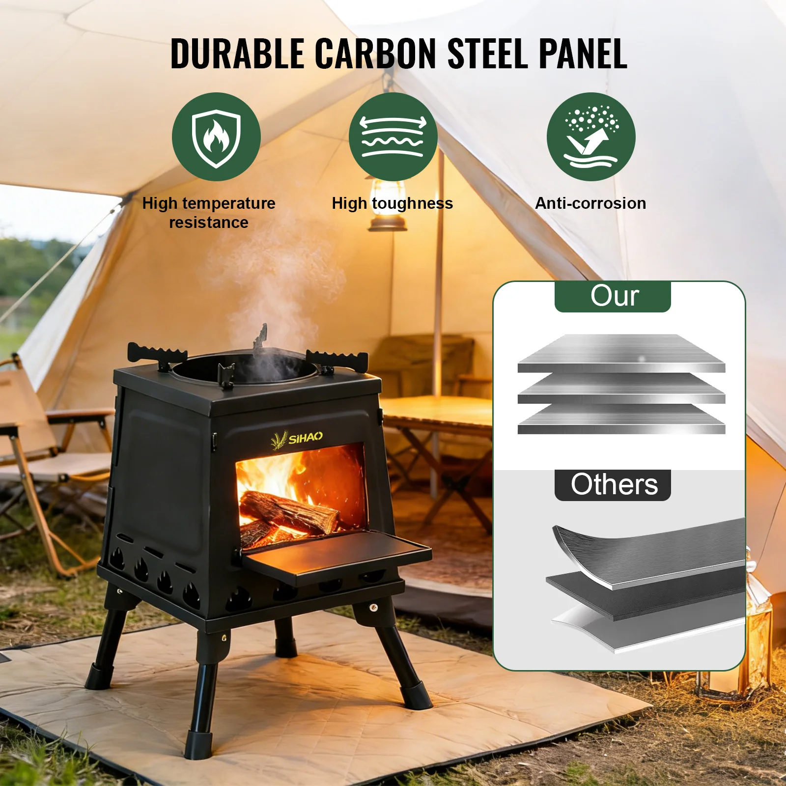 SIHAO Portable Camping Wood Burning Stove Rack with Thermometer Outdoor Barbecue Stove 220mm 300mm