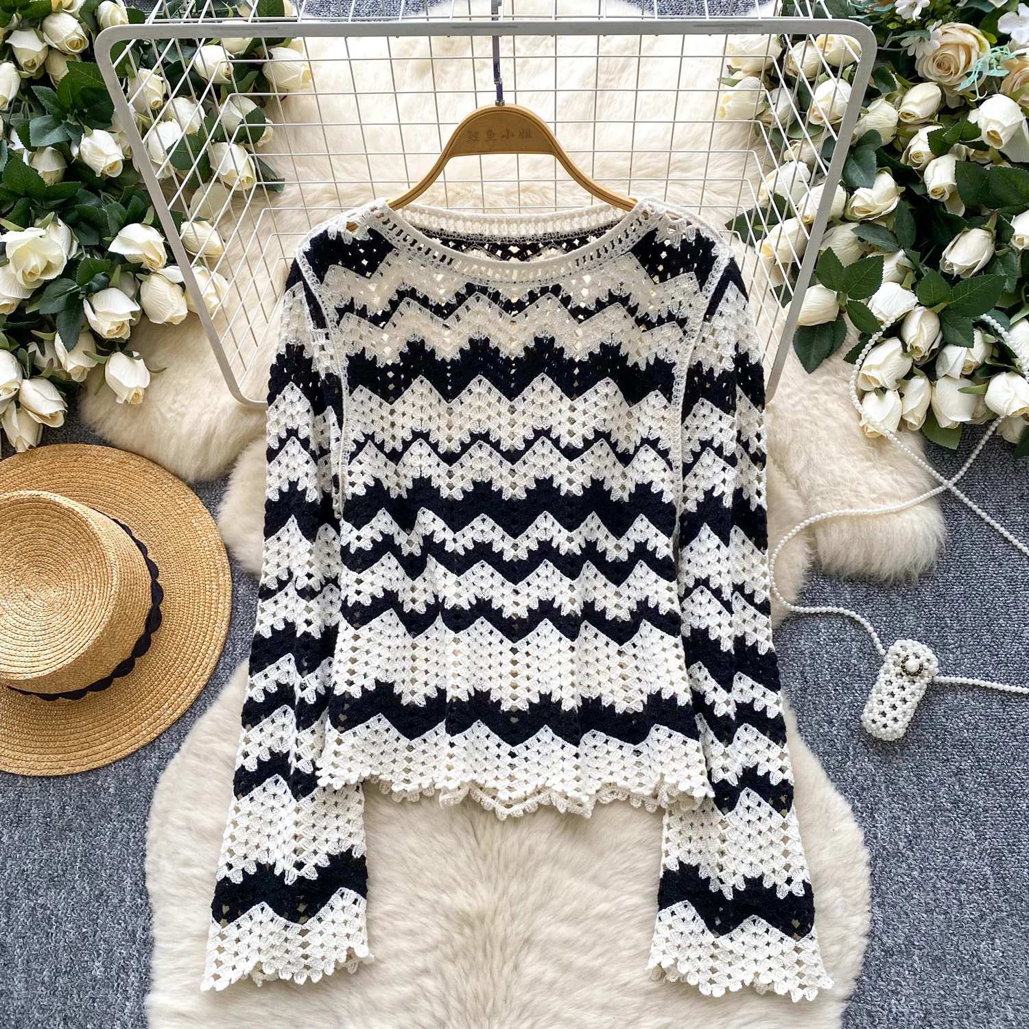 

Винтажная футболка с длинным рукавом, вязаная лоскутная женская корейская модная рубашка с круглым вырезом, женские топы, женская одежда