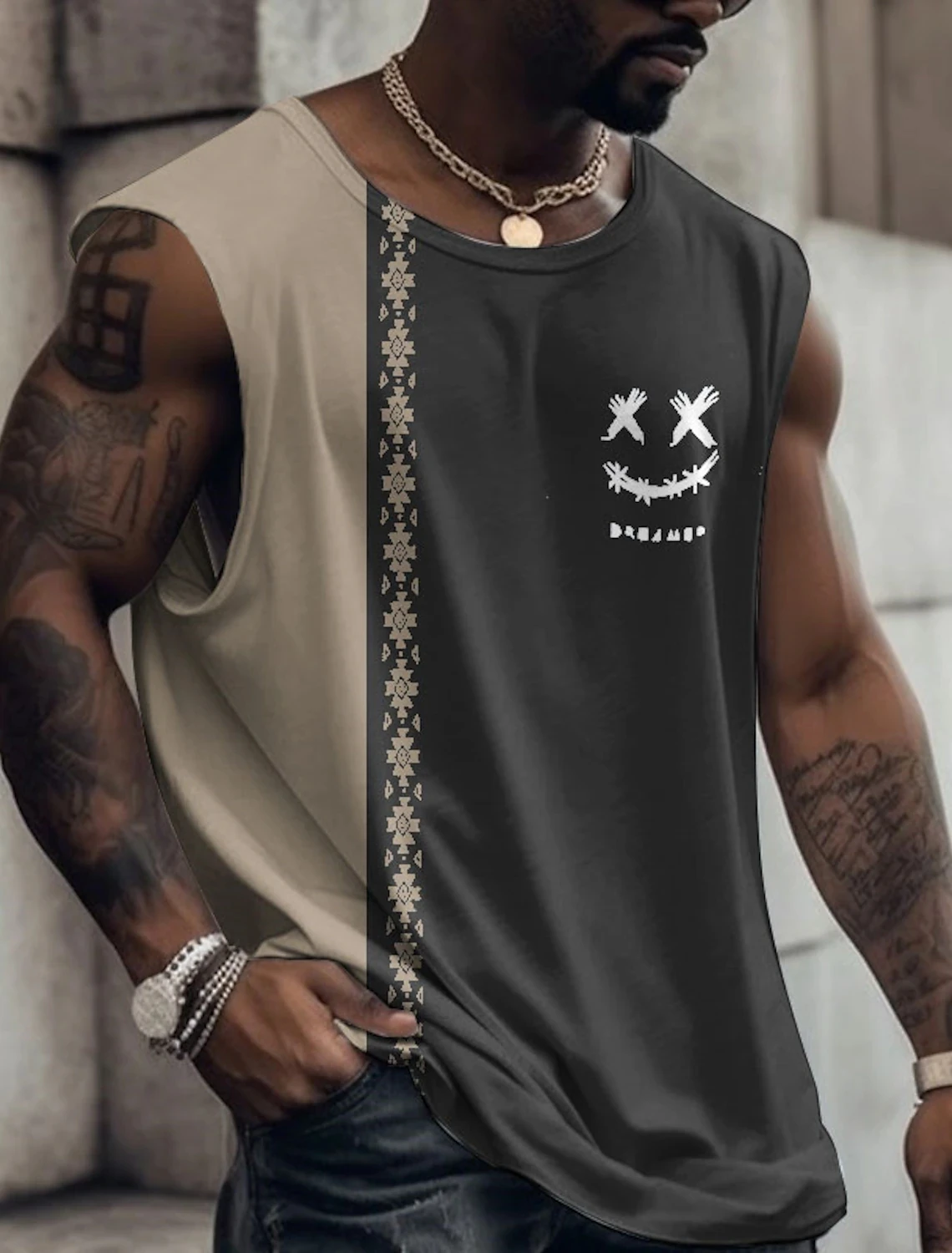 남성용 크루 넥 조끼 사이드 토템 3D 프린트 야외 거리 민소매 프린트 의류 스포츠 캐주얼 플러스 남성용 스포츠 조끼