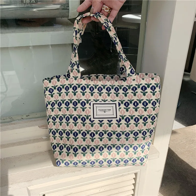 Vintage Women Corduroy Flower Handbag Cloth Bag hand carry bento bag Lady Casual Tote Bag Simple versatile bag