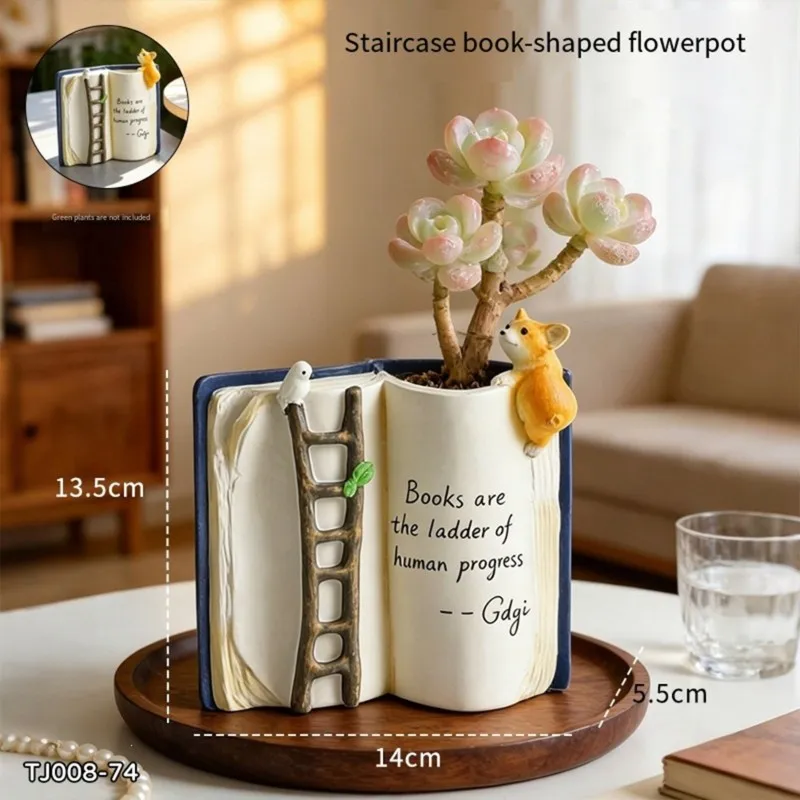 Hot Sale-Desktop Decor Staircase Book Flower Pot Resin Book Stack Planter Cactus Pot Garden Decoration(Without Plants)