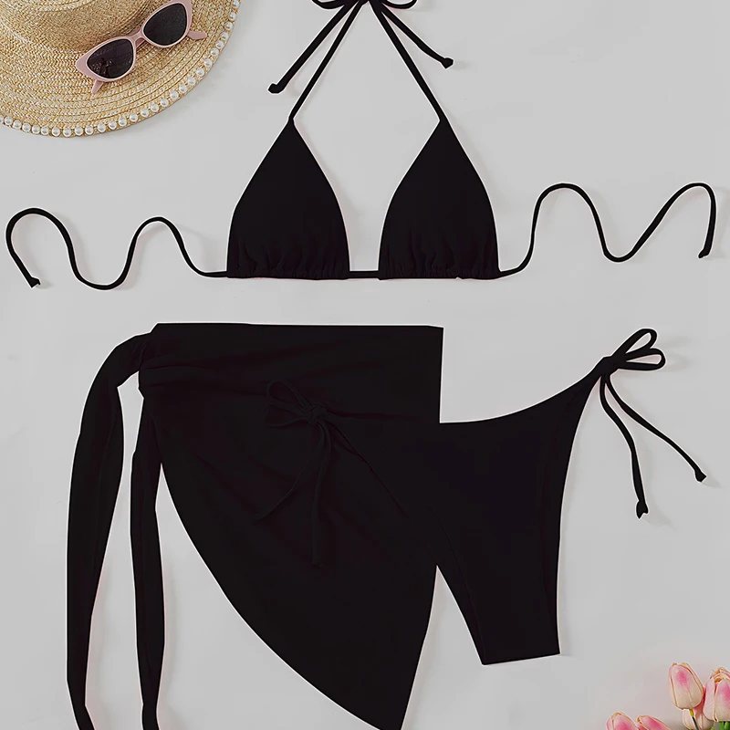 Sexy Lace-up Bikini Set 3 Piece,sheer Wrap Skirt Slimming Triangle-strap Swimsuit,summer New Beach Vacation Women's Swimsuit Set