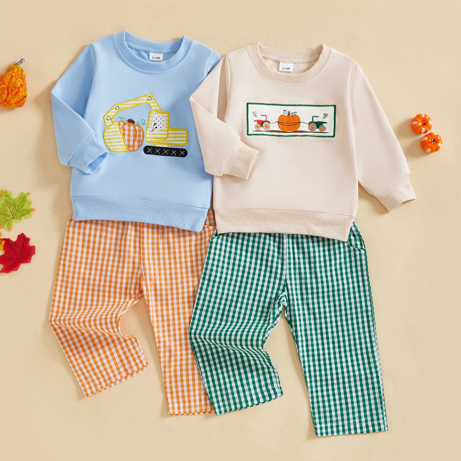 

Lioraitiin Toddler Boy Halloween Clothes Pumpkin Embroidery Long Sleeve Pullover Elastic Waist Plaid Long Pants 2Pcs Fall Outfit