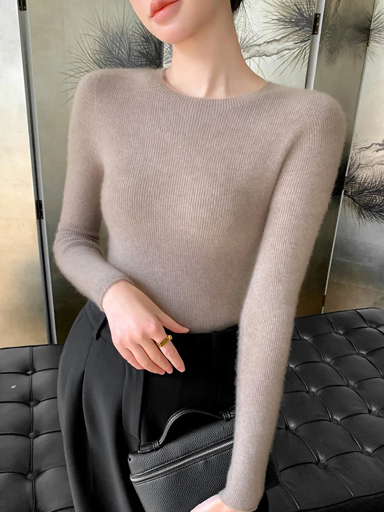 Spring and autumn women\'s sweater solid color 100% merino wool women\'s O-neck knit pullover slim soft sexy long sleeve top