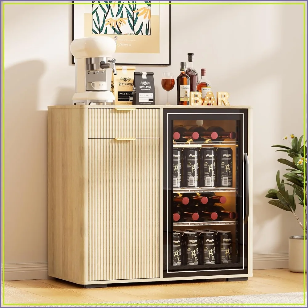 Wine Bar Cabinet with Mini Fridge Space, Hidden Drawer Buffet Sideboard for Living Room Kitchen