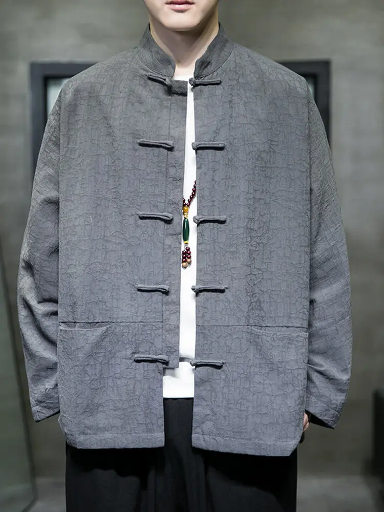 

Spring Autumn Men's Cotton Linen Tang Suit Jaet Loose Casual Top Button Hanfu Jaet Comfortable Fit Long Sve Pure Color
