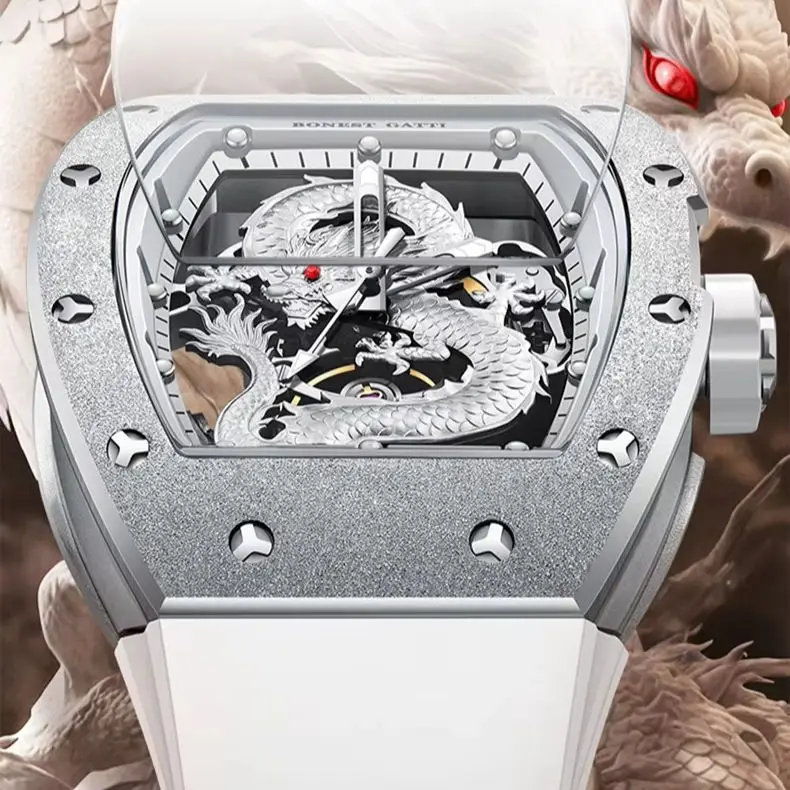 

BONEST GATTI Мужские автоматические часы 50 мм Tonneau Механические наручные часы с сапфировым стеклом Светящийся скелет Дракон Циферблат Фторкаучуковый ремешок