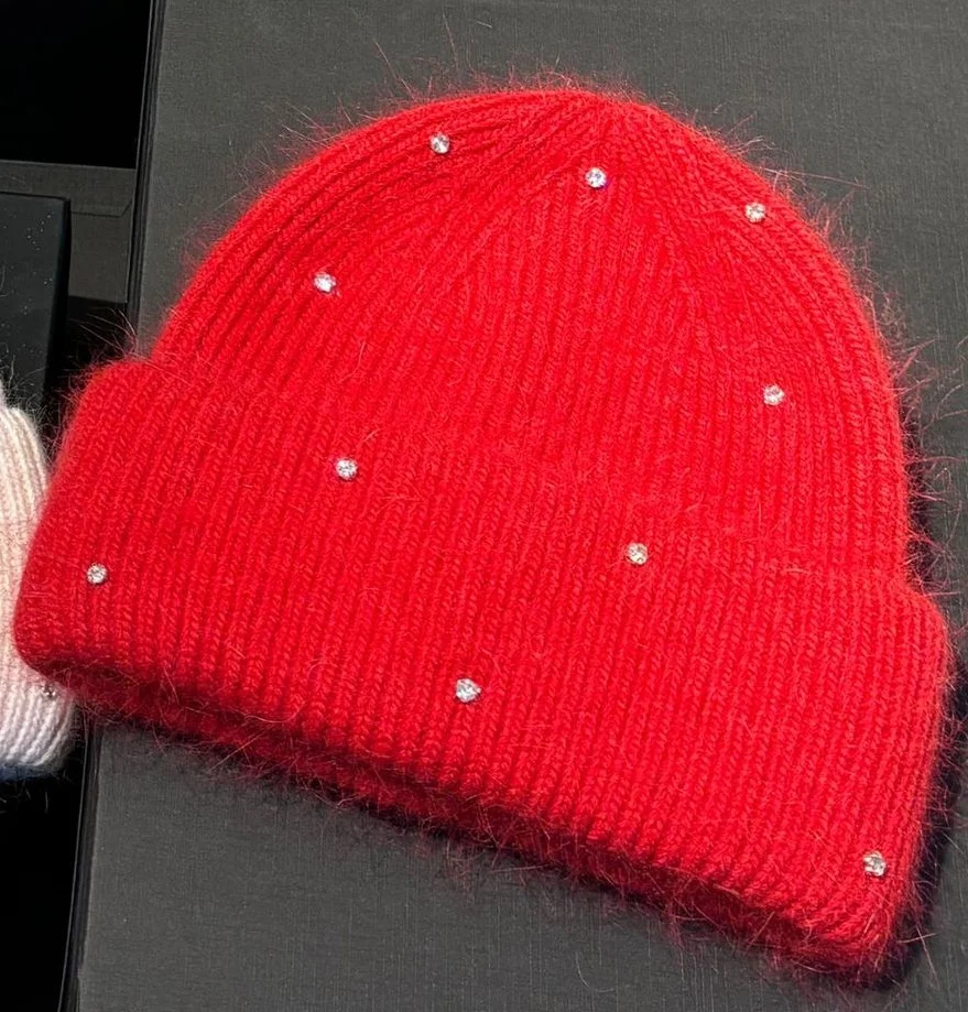 1 Stück Neue Winter-Strickmütze mit Strass, Modische und Warme Kaninchenfell-Ohrenschutzmütze, Doppelt Gefaltete Mütze – Detail 12