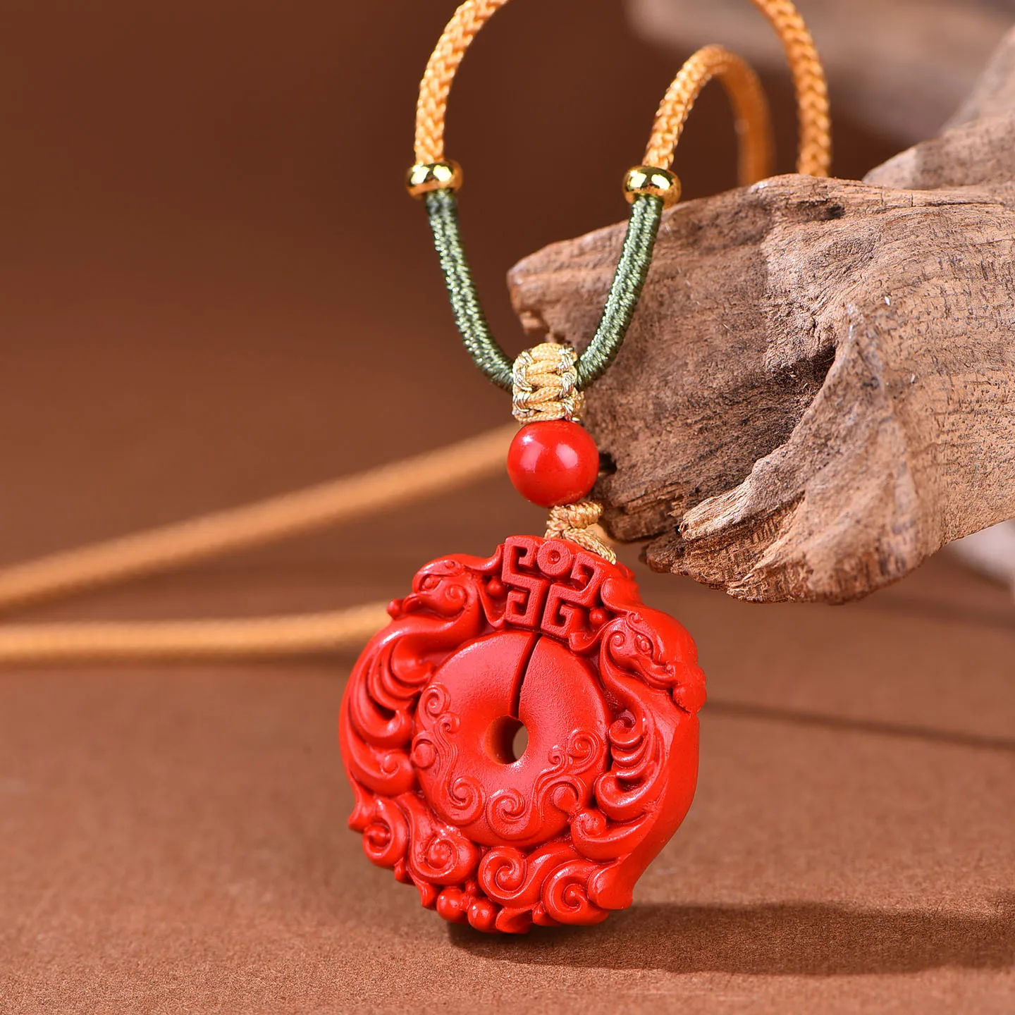 Traditional Chinese Pure Red Cinnabar Dragon Phoenix Carved Pendant Necklace Lucky Amulet Blessing Wealth Good Luck Jewelry Gift